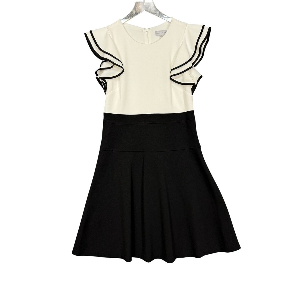 Marc New York Dress Womens 6 White Black Ruffle Sleeve Fit & Flare Party Stretch
